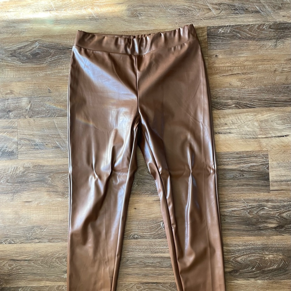 Brown faux leather slim pull on pants
